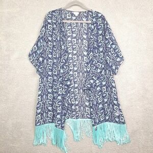 LuLaRoe Monroe Kimono Womens Large Blue‎ Floral Fringe Boho Festival Coverup
